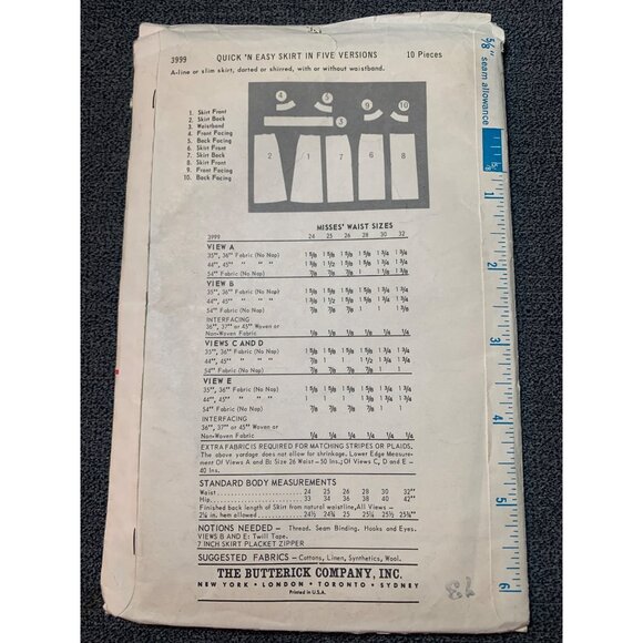 Butterick 3999 Vintage Sewing Pattern 1960s Skirt Size 14 Waist 26 Hip 36 Retro - Picture 2 of 2